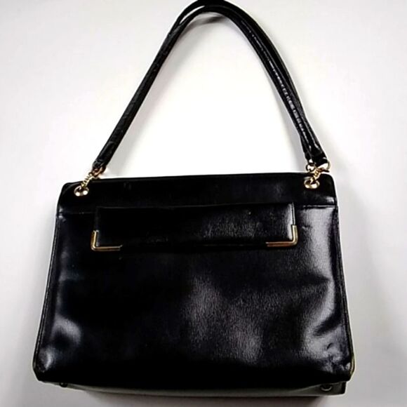 RARE ORIGINAL SATCHEL VTG 40s BLACK SAFFIANO LEATHER SHOULDERS BAG - Picture 1 of 11